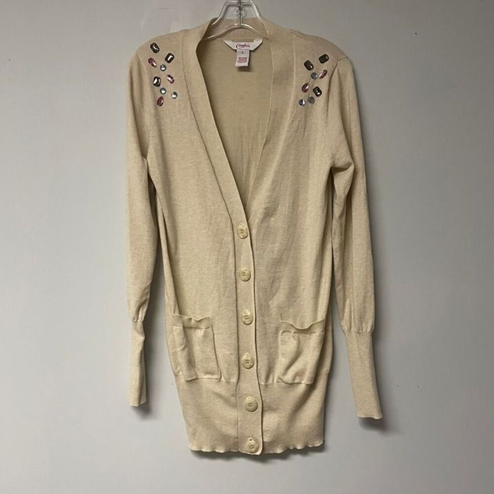 Candie's Jeweled Sweater Womens Large Beige Long Sleeves Button Front Pockets